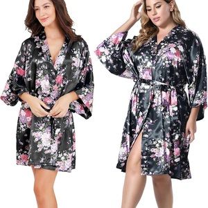 Black floral satin robes